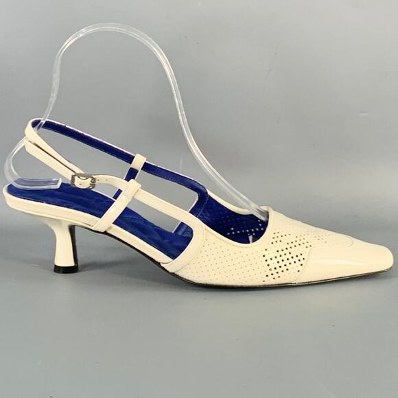 BURBERRY Size 7 Cream Patent Leather Perforated Kitten Heel Slingback Sandals - Picture 2 of 8